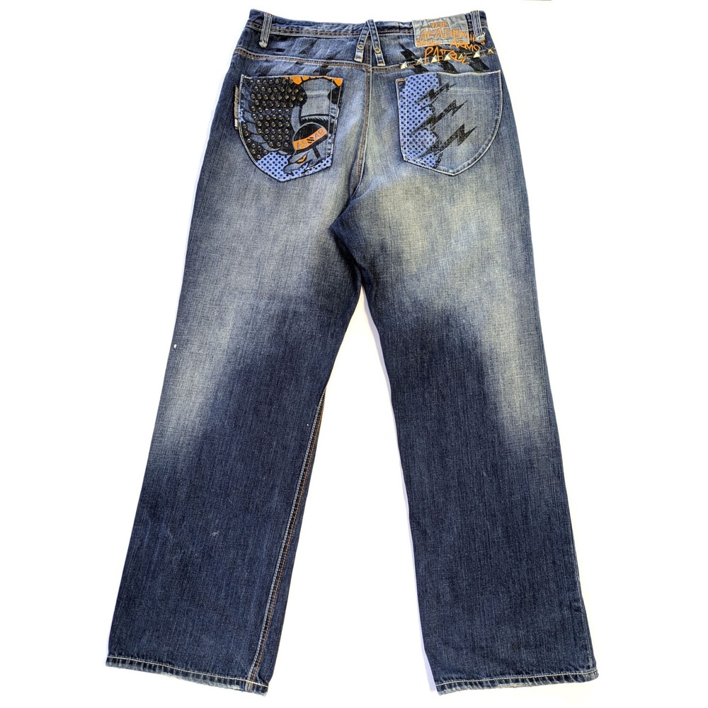 Akademiks Small Arms Patrol Baggy Jeans Mens 36x32 Denim Studded Y2K Streetwear